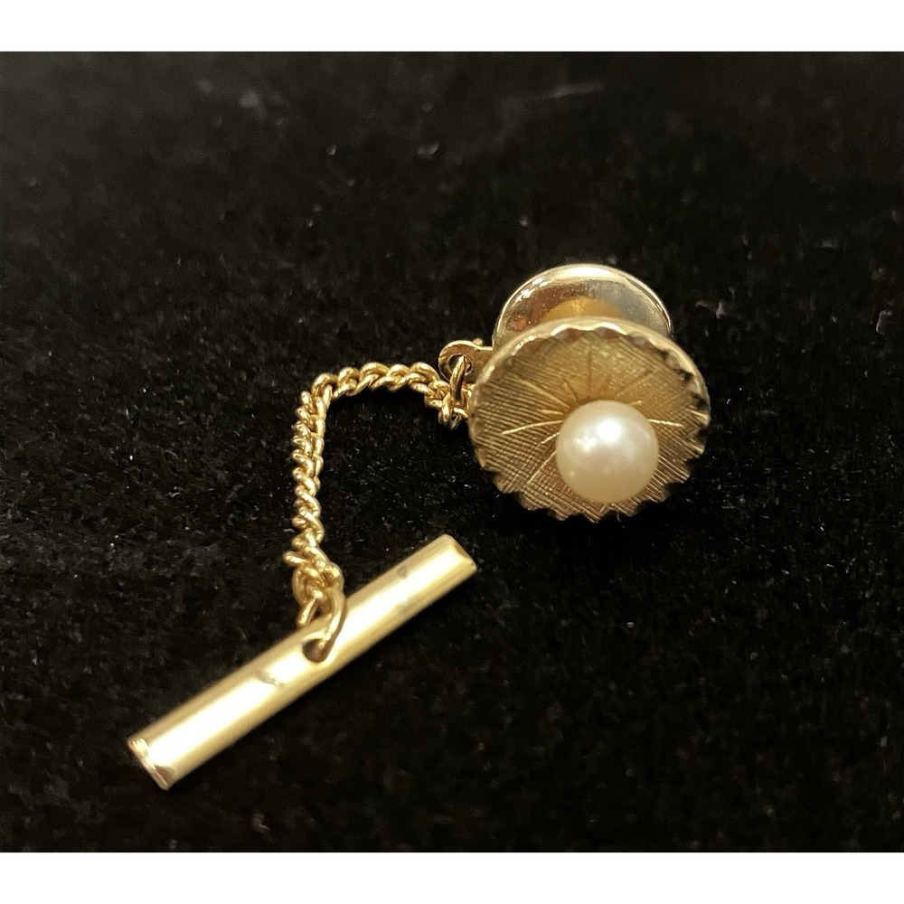VTG Faux Pearl Gold Tone Tie Tack & Chain Sunburst Estate Menswear Retro Jewelry